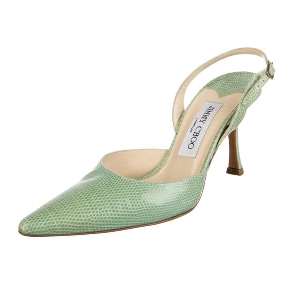 Jimmy Choo Karung Slingback Pumps Green Snake Size 38.5
